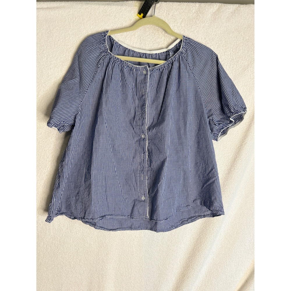Gingham Button Down Short Sleeve Puff Sleeve Top Blue White 2XL H8B468